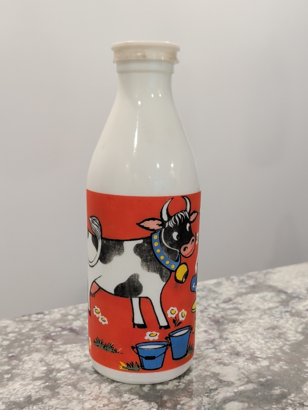 Vintage Egizia Milk Glass Bottle | Retro Italian Cow & Chef Graphic